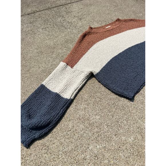 Debut Sweater Women Size Large Brown Cream Blue Long Sleeve Crop Balloon Sleeve - Picture 2 of 4